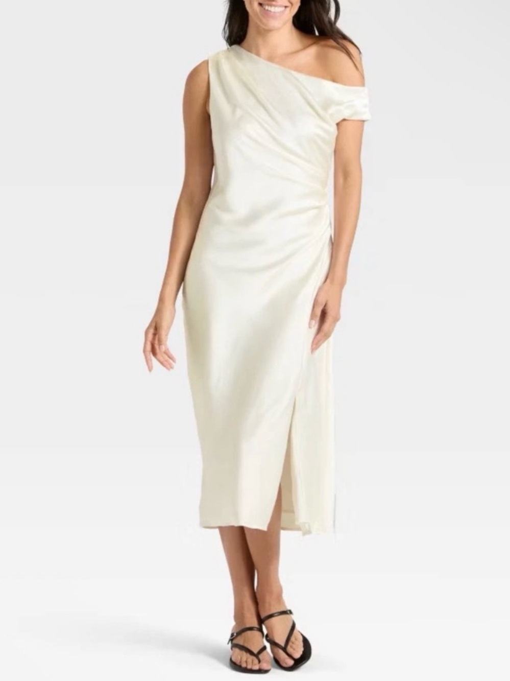 Target NWOT XS One off Shoulder Ivory satin silk feel Midi formal cocktail Dress